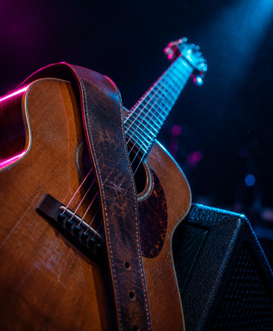 Violão aço com correia de couro desgastada sobre um monitor de palco
