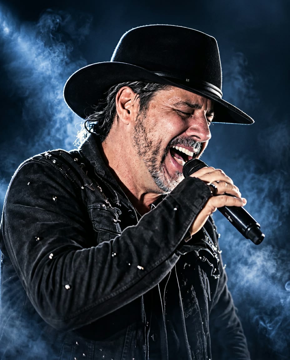 Gleno Rossi cantando de olhos fechados, de chapéu preto e jaqueta preta com tachas